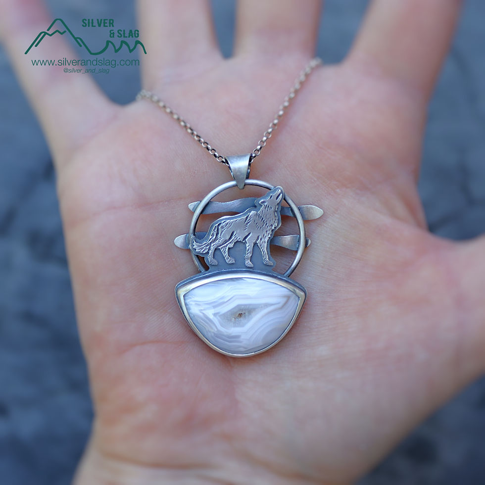 Thumbnail: Howling Wolf at Night w Mojave Desert Agate Sterling Silver Statement Necklace
