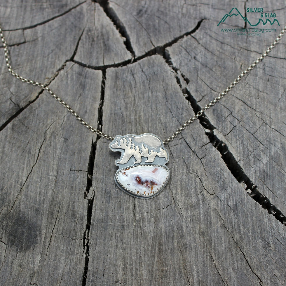 Thumbnail: Mammoth Black Bear w Gorgeous Mojave Desert Agate Sterling Silver Necklace