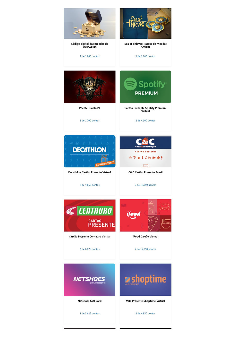 Imagem mostra ladrilhos em duas colunas com as empresas que podem ter seus recursos trocados pelos pontos adquiridos no rewards