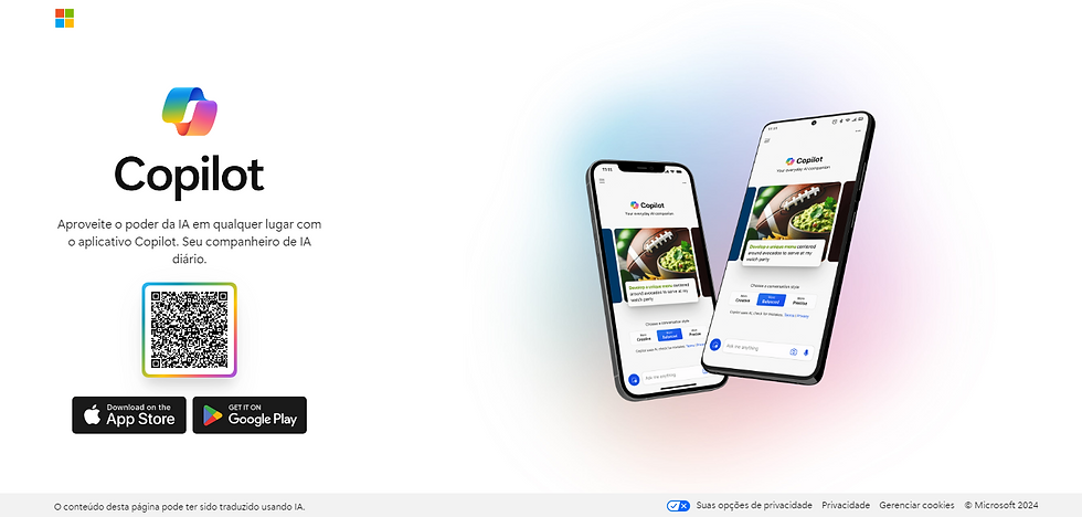 Imagem de Divulgação APP Copilot com a logo do copilot, um símbolo qrcode, e dois botões de redirecionamento para app store e google play, além disso com dois smartphones exibindo a tela de boas vindas do aplicativo em direções opostos (como se estivessem indo de encontro um ao outro)