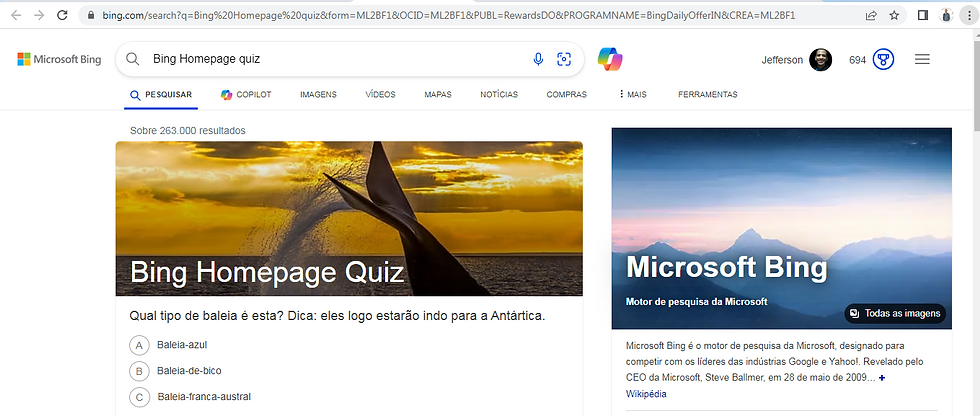 Imagem com questionário sobre baleias que estão indo para antártica com três opções baleia-azul, baleia-de-bico e baleia-franca-austral, o usuário deverá escolher a assertiva correta na resposta