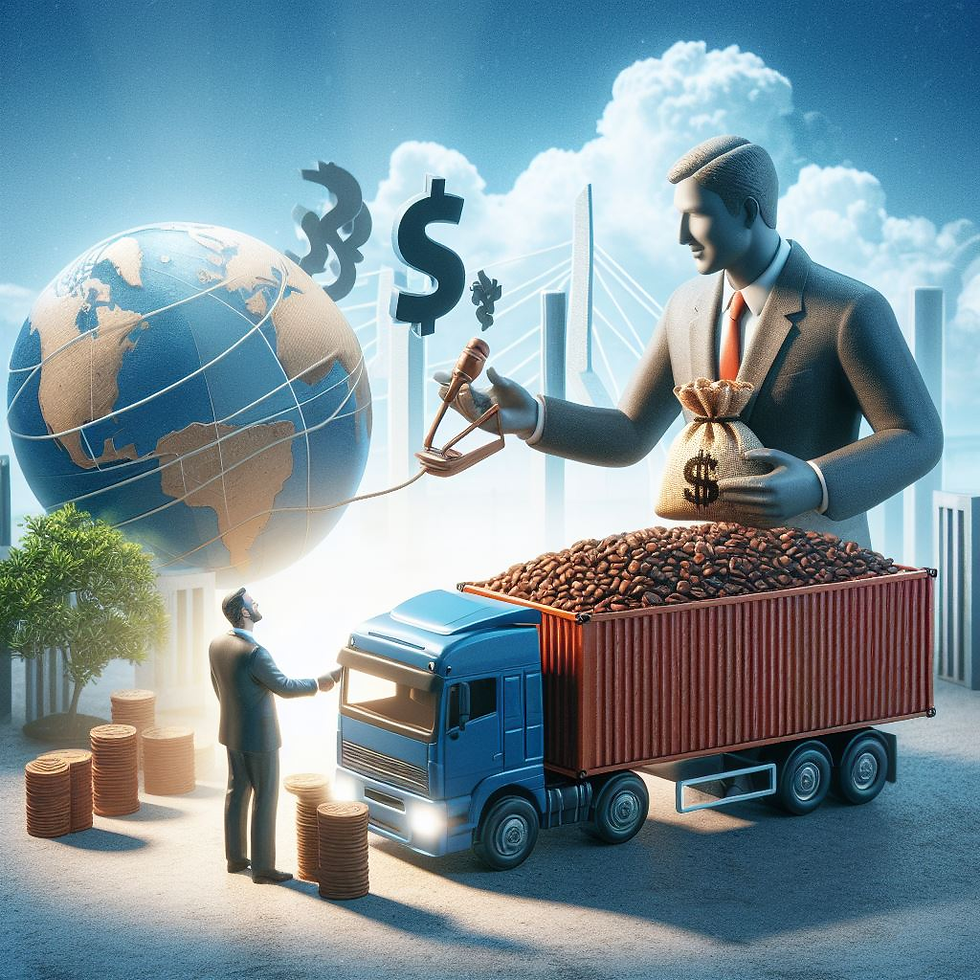 Uma imagem de uma empresa brasileira exportadora de café negociando com um banco, simbolizando a realização de um contrato a termo para proteger-se da oscilação cambial.