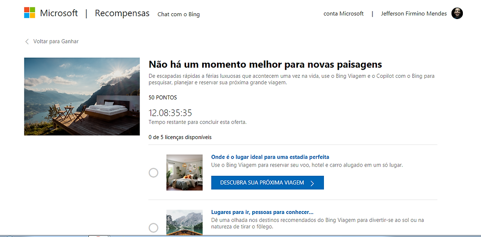 Imagem de paisagem recomendada pelo Bing para se passar por estadias, concedendo 50 pontos de recompensa ao usuário por click, além disso o bing recomenda lugares para estadia e roteiros turísticos