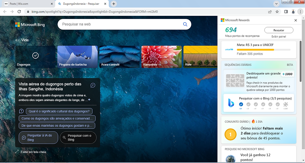 Imagem da página do buscador microsoft aberta, com painel lateral do rewards aberto na direita da tela.