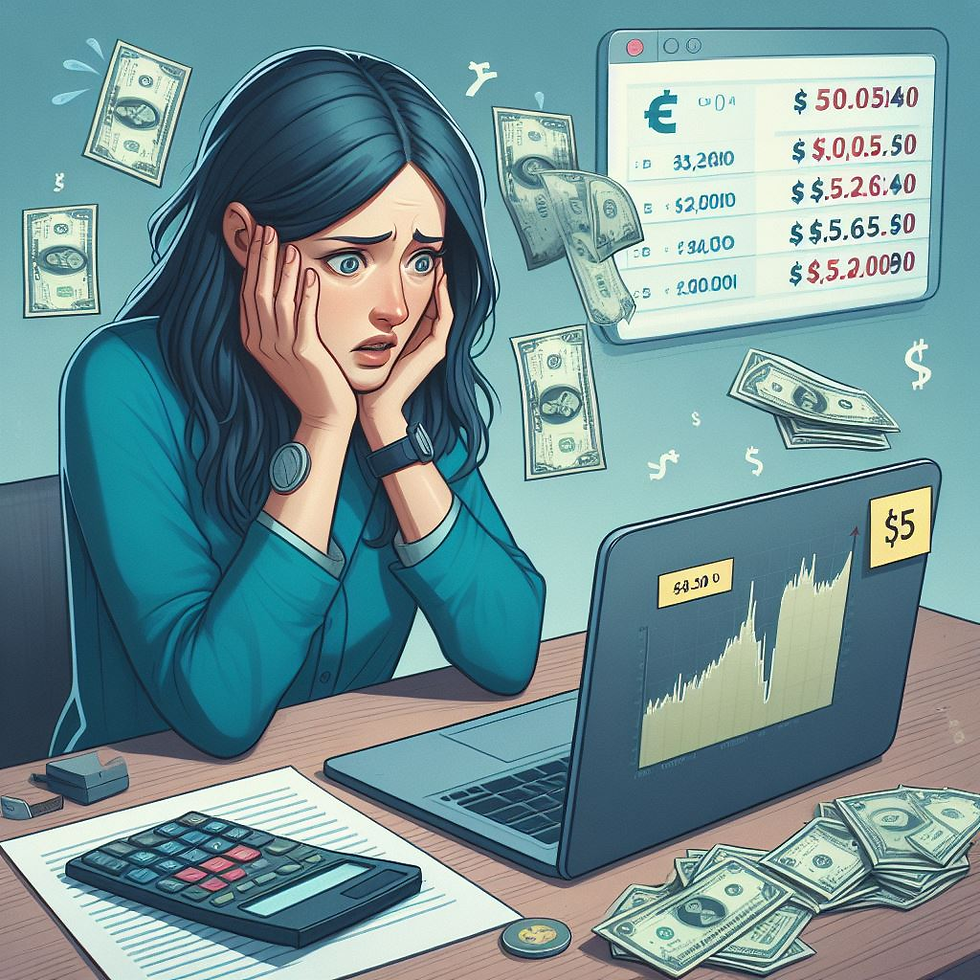 Maria, uma importadora de eletrônicos, observa nervosamente os números cambiais em seu laptop. Ao lado dela, uma calculadora e uma folha de papel com anotações. Uma nota adesiva destaca a taxa de câmbio de R$ 5,20 por dólar. Seu olhar reflete a preocupação com a possível valorização do dólar, enquanto ela decide sobre a compra de uma opção de compra de US$ 50.000 para proteger-se do risco cambial.