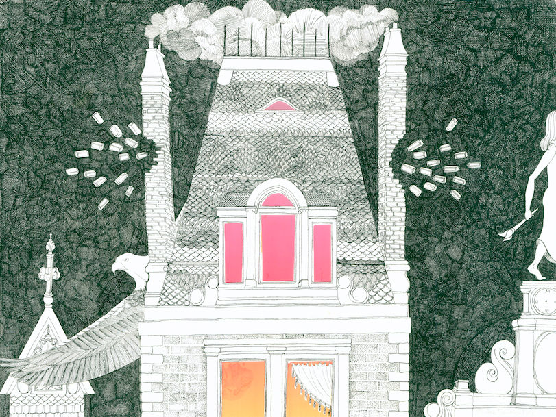 Barbara Swanson Sherman, Pen& Ink, House with exploding chimneys, soaring Eagle,