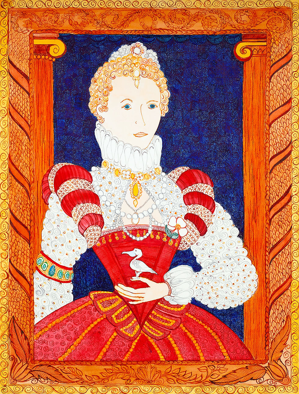 Pen & Ink drawing of Queen Elizabeth ! holding a pelican
