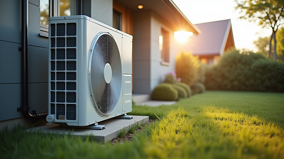 Eye-level view of a modern heat pump installation in a residential area