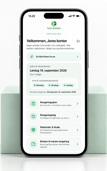 Rocha ServiceLog vist på en smartphone med overblik over næste rengøring, rengøringsplan, rengøringslog, materialer og kundeø