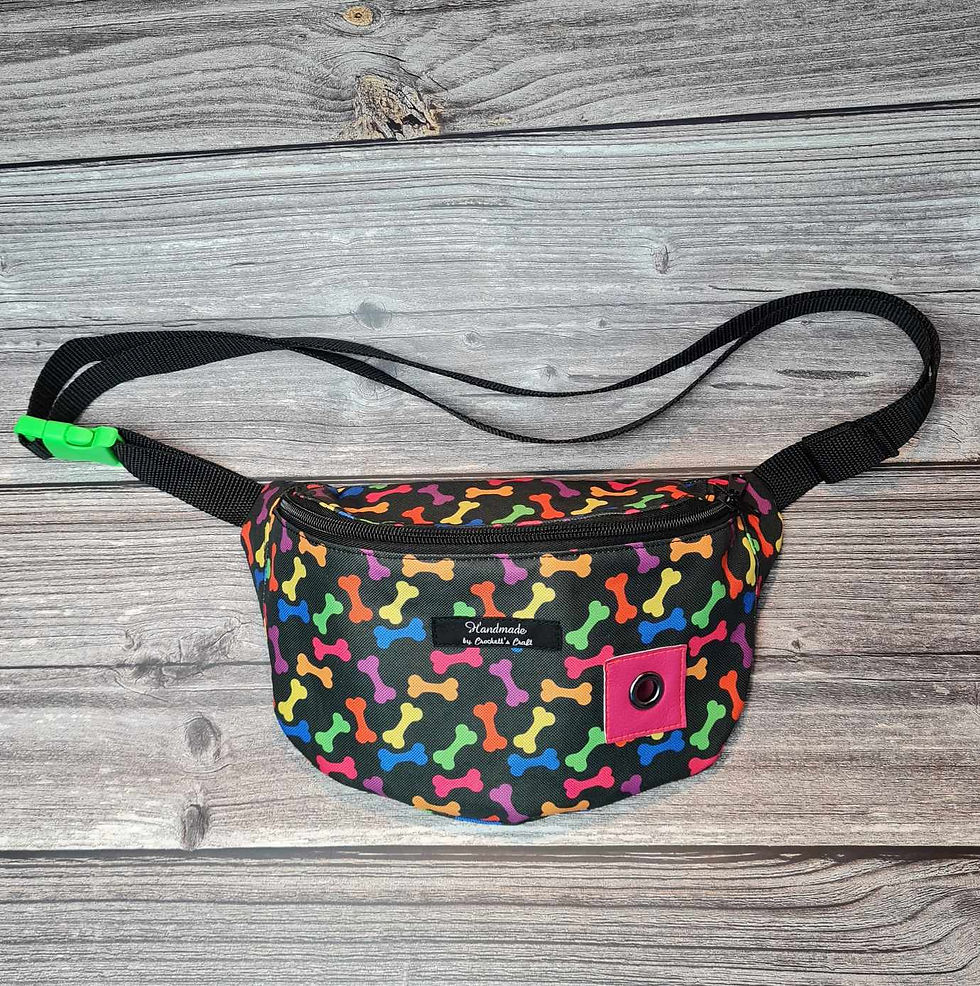 Handgemachte Gassi-Bauchtasche mit buntem Knochen-Design und integriertem Kotbeutelspender