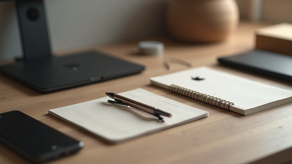 Eye-level view of a premium gift set with tech gadgets and stationery