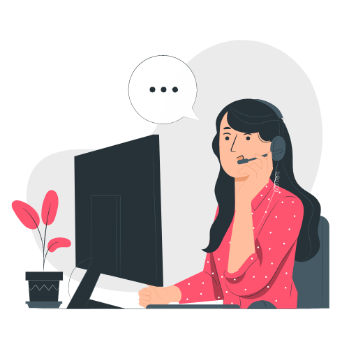 Virtual assistant wearing a headset, wearing a headset, sitting at a desk with a computer, looking thoughtful