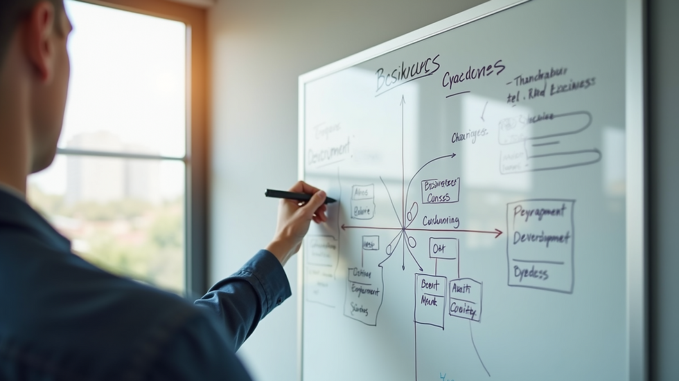 High angle view of a whiteboard with a business strategy diagram
