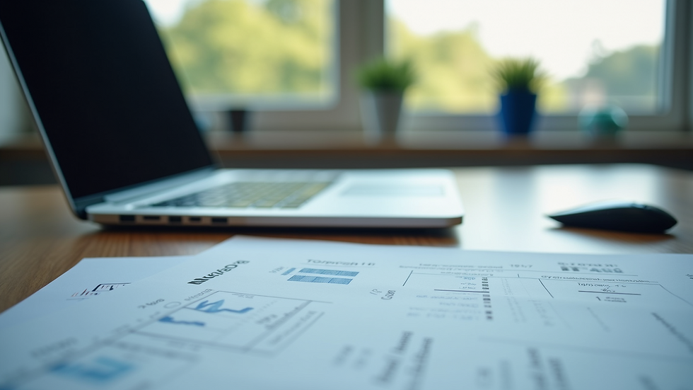Close-up view of a desk with a laptop and medical charts