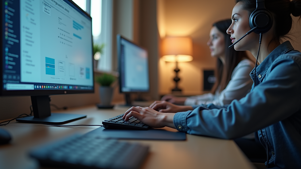 Close-up view of a virtual assistant’s workspace with a headset and keyboard