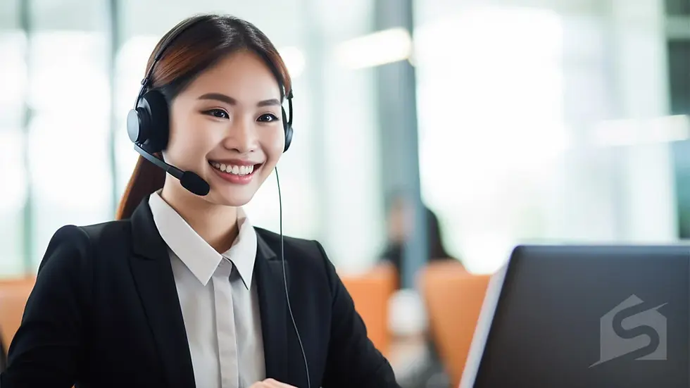 Smiling woman with headset working at a laptop in an office. She wears a black blazer, white shirt. Background has blurred lights and desks.