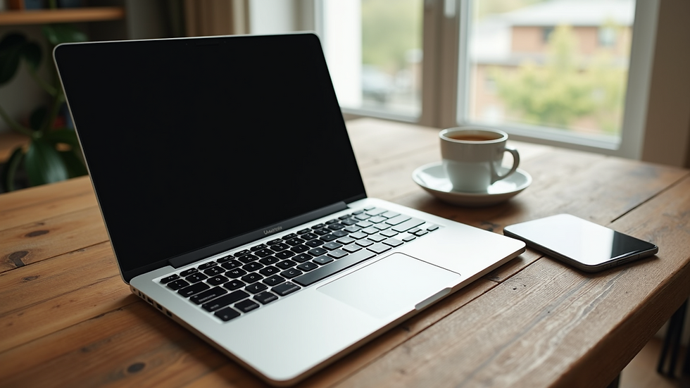 High angle view of a home office setup with a laptop and coffee cup