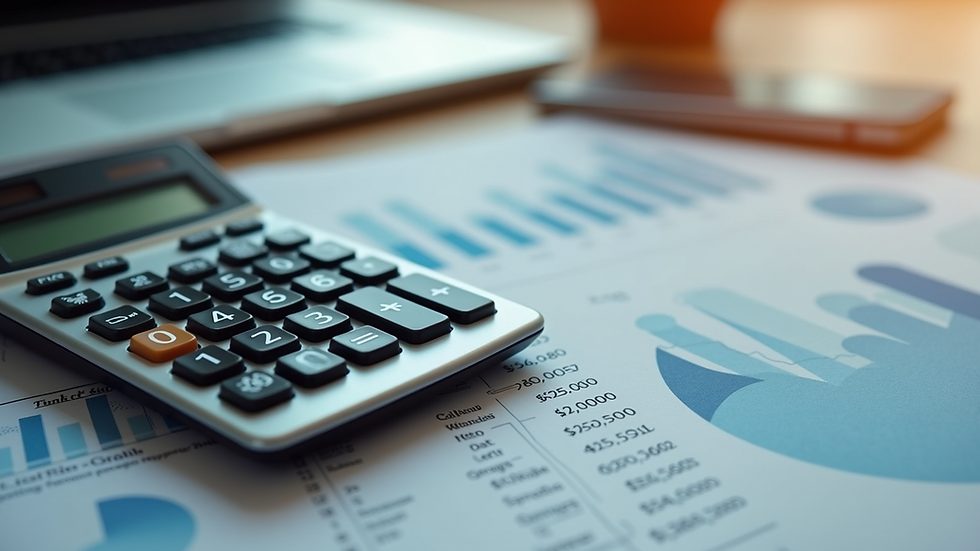 High angle view of a calculator and financial documents on a desk