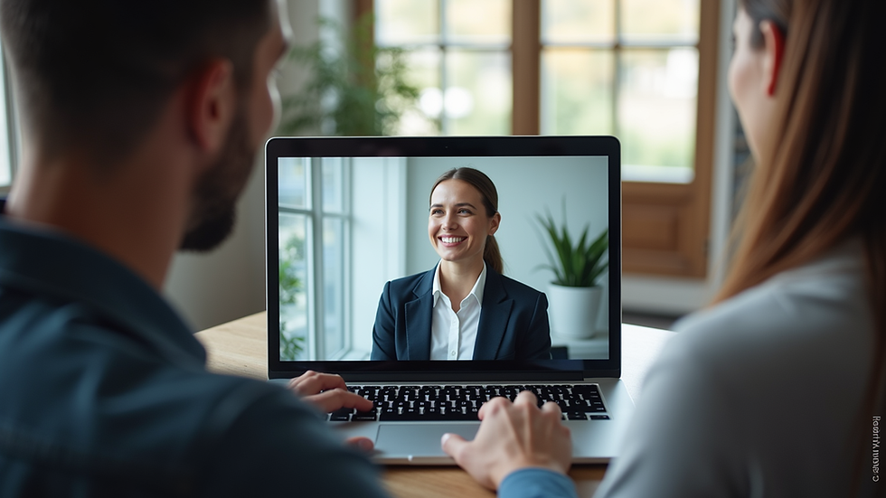 High angle view of a business meeting with virtual assistant on a laptop screen