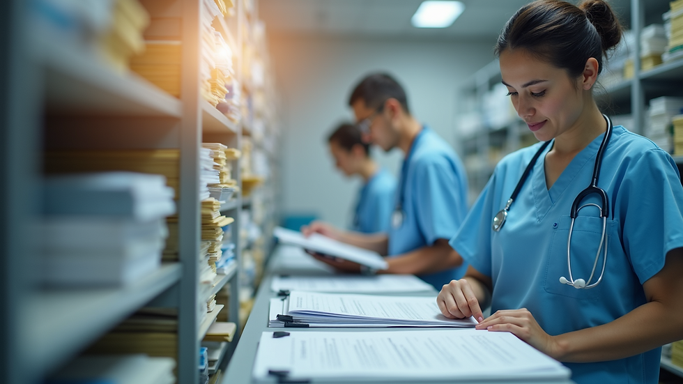 Eye-level view of a healthcare support assistant organizing patient files