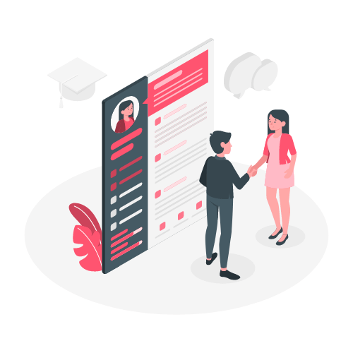 Job interview scene with a man and woman shaking hands in front of a digital resume profile