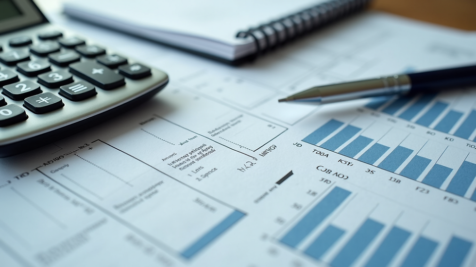 High angle view of a calculator, notepad, and medical financial documents