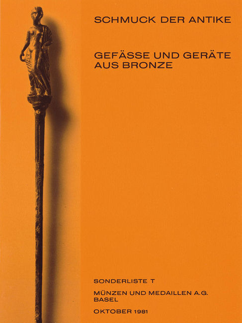 Cover of 'Schmuck der Antike' catalogue, 1981, with a bronze figural staff.