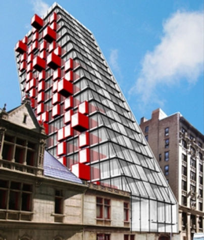Lafayette Tower, a high-rise live-work tower composed of shipping container housing units with a structural concrete and glass matrix.