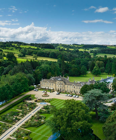 Grantley Hall aerial view surrounded by green Yorkshire countryside