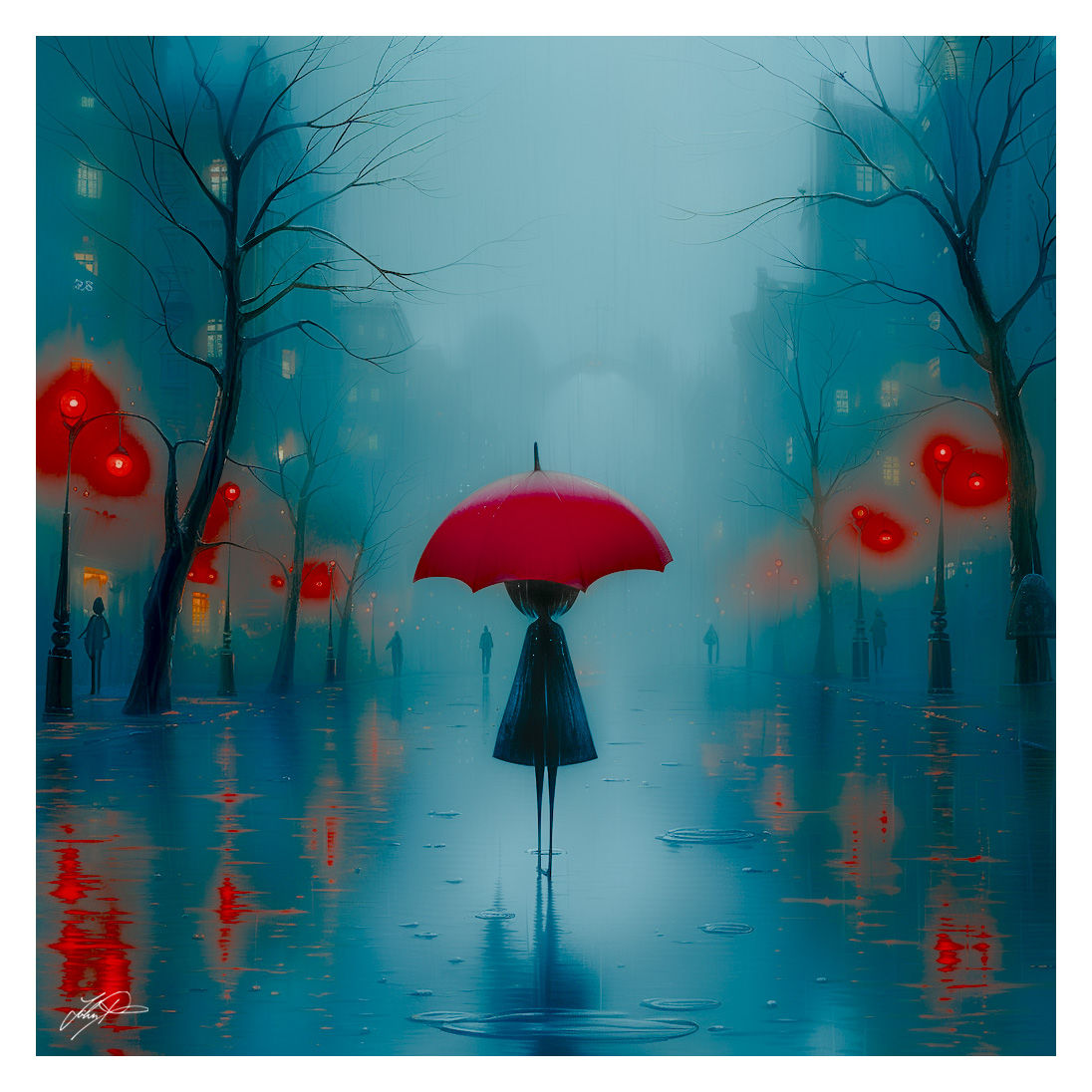 Moody, artistic scene of a lone figure with a red umbrella in a misty, rainy city, enhanced by vibrant red lanterns