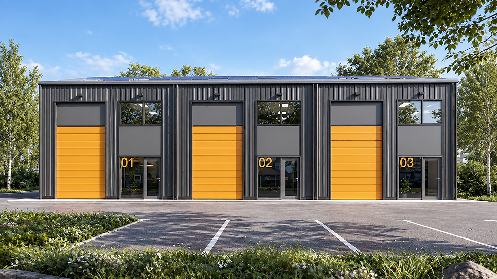 Porter Robson was appointed to redevelop an existing residential plot adjoining the Four Dells employment area near Otterbourne, creating three flexible commercial units within a mature landscape setting.
The proposal replaces an under-used bungalow and garage with a compact terrace of contemporary workspace, extending the established commercial use of Four Dells in a proportionate way. Each unit provides practical space suited to smaller businesses while allowing the development to operate as a coherent architectural composition rather than a collection of individual buildings.
The architecture is deliberately simple and robust. A restrained palette of dark profiled metal cladding establishes a recessive backdrop to the surrounding trees, while brightly coloured loading doors give each unit a clear identity and bring rhythm to the principal elevation. Large glazed entrance screens and high-level windows introduce daylight and provide a more refined frontage than a conventional small industrial building.
The design has been strongly influenced by the site's position at the edge of the countryside. Existing mature trees and vegetation create a natural enclosure around the plot, and the proposal has been arranged to retain and reinforce this landscape framework wherever possible. The building and parking are concentrated within the previously developed part of the site, allowing the established boundary planting to continue screening the development from the wider rural setting.
Landscape and ecology are therefore treated as integral parts of the development rather than residual spaces around the building. New tree planting and biodiversity measures are proposed alongside the retained vegetation, while no-dig construction techniques and permeable surfacing are intended where access and parking interact with retained root protection areas.
Environmental performance is addressed through an efficient building fabric, natural daylight and roof-mounted photovoltaic panels. The roof and openings have been arranged to maximise useful daylight while limiting direct solar gain and the associated risk of overheating. Electric vehicle charging is also incorporated into the wider site strategy.
The scheme builds on Porter Robson's experience of larger employment projects such as Daedalus, applying similar principles of flexibility, durability, operational efficiency and architectural identity at a smaller scale.
Four Dells Yard demonstrates how modest commercial development can be both practical and carefully considered, creating adaptable workspace while respecting the landscape character that defines its setting.