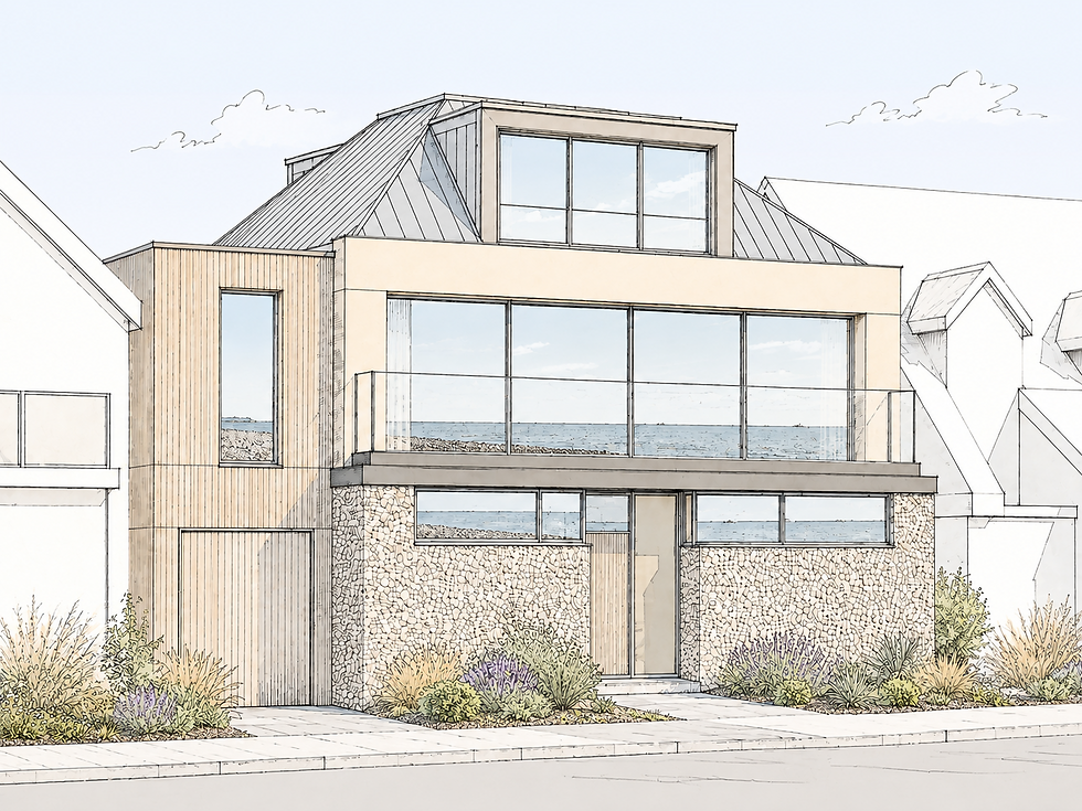 Porter Robson was appointed to extend and comprehensively refurbish an existing home on Marine Parade East in Lee-on-the-Solent, transforming the property around its exceptional relationship with the seafront.
The design begins by reconsidering the internal organisation of the house. Rather than retaining a conventional arrangement with the principal living accommodation at ground floor, the proposals distribute spaces vertically according to privacy, daylight and views. Bedrooms and more private accommodation are concentrated at ground level, allowing the principal kitchen, dining and living spaces to occupy the first floor where they can benefit from uninterrupted views towards the Solent.
At first floor, the kitchen, dining and lounge are brought together as a generous open-plan living environment. Full-height glazing opens this space towards a broad seafront terrace, creating a direct relationship between interior, horizon and changing coastal conditions. Additional utility, study and storage spaces are integrated into the plan without interrupting the clarity of the principal living area.
The ground floor provides three bedrooms with en-suite accommodation, alongside a garden lounge and kitchenette, garage, workshop and a more generous entrance organised around a grand hallway. A central light well introduces daylight through the depth of the plan and creates a visual connection between the different levels of the house.
The roof space is also transformed to create a further bedroom suite together with its own lounge, kitchenette and supporting storage. Large areas of glazing within the remodelled roof form extend the connection with the sea to the uppermost level of the house, creating a more private retreat with elevated coastal views.
Externally, the architecture is conceived as a series of clearly defined layers. A more solid ground-floor base gives the house a sense of permanence, while the upper levels become progressively lighter and more open as they rise towards the view. Large-format aluminium glazing, standing-seam metal roofing, timber cladding, sand-toned render and areas of stone or pebble walling create a palette that is contemporary while drawing directly from the textures and colours of the coastal setting.
The seafront elevation is dominated by generous glazing and a frameless terrace balustrade, allowing the principal living spaces to remain visually connected with the horizon. By contrast, timber-clad secondary elements and more controlled openings articulate the sides of the house, giving the enlarged property a clearer hierarchy and reducing the visual weight of the proposal.
The design deliberately retains the familiar pitched-roof character of the existing building while substantially reworking it through standing-seam metal cladding and a large contemporary dormer. This allows valuable accommodation to be created within the roof without reading as an additional storey, giving the house a distinctive silhouette within the Marine Parade streetscape.
Marine Parade House demonstrates how refurbishment can fundamentally change the experience of an existing home. By reorganising the plan around view, light and movement, the project transforms a conventional coastal property into a layered contemporary house in which each floor develops a different relationship with the sea.