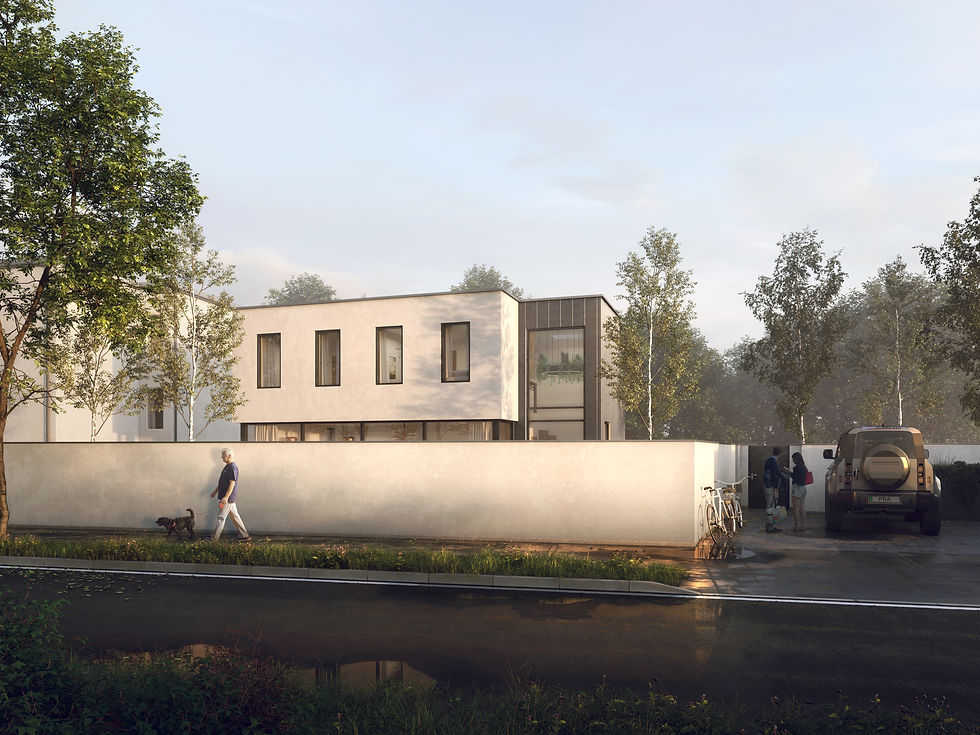 Porter Robson was appointed to design a new dwelling on land formerly forming part of 41 Sinah Lane on Hayling Island. Accessed from Park Road, the project unlocks an underused part of an established residential plot to create a compact two-bedroom home within the existing neighbourhood.
The design responds to the varied architectural character of Park Road with a deliberately contemporary composition. A simple rendered principal volume is contrasted by a taller standing-seam metal-clad entrance and stair element, giving the house a clear identity while breaking down its scale within the street. The flat roof is concealed behind a parapet, allowing the building to retain a clean, horizontal profile against the neighbouring properties.
Internally, the house is organised around light, openness and efficient use of space. The ground floor combines the kitchen and principal living accommodation into a generous open-plan room, with extensive glazing strengthening the connection between the interior and the private external space. A ground-floor shower room adds flexibility to the arrangement.
The entrance sequence is deliberately more vertical. The stair rises within the metal-clad side volume inside a double-height space, bringing daylight through the centre of the house and creating a stronger sense of space than the compact footprint might suggest. At first floor, two bedrooms are each provided with en-suite accommodation, alongside dedicated plant and storage space.
The external spaces are treated as an extension of the home rather than residual areas around it. Existing boundary walls were retained and repaired to create a defined private enclosure, while new tree planting softens the setting and strengthens privacy. The amenity space wraps around the building, giving the relatively compact dwelling a surprisingly generous relationship with the outdoors.
Materiality reinforces the clarity of the design. White render, grey aluminium windows and doors, vertical standing-seam metal cladding and areas of timber establish the contemporary palette, with the darker entrance volume providing contrast against the lighter rendered elevations.
Sustainability was considered from the outset. The roof incorporates an integrated photovoltaic array, with the original energy strategy developed to generate more electricity over the course of a year than the dwelling was expected to consume, supported by energy storage technology. The compact form and redevelopment of previously developed residential land also allow additional housing to be provided without extending development into the surrounding countryside.
The completed house demonstrates how small infill sites can support high-quality contemporary homes when space, daylight, materiality and environmental performance are considered together. Rather than simply filling a gap, the project creates a distinct new piece of architecture that responds confidently to its established residential setting.