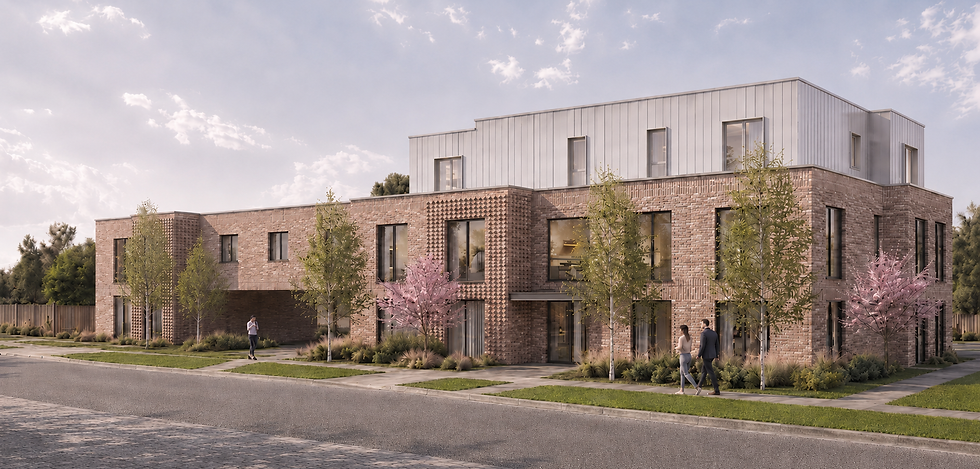 Porter Robson was appointed to develop eleven new apartments within a carefully considered landscape-led residential scheme.
The design begins with the idea that the quality of residential development should extend beyond the individual apartment. Building form, landscape, private and communal amenity, biodiversity and environmental performance have therefore been developed together, creating a scheme in which the spaces around and above the building form an important part of the architecture.
The building is composed as a robust two-storey masonry volume with a set-back upper floor, reducing the apparent scale of the development when viewed from the surrounding streets. The recessed upper level also releases areas of roof for planted gardens and external amenity, allowing landscape to extend vertically through the scheme rather than remaining solely at ground level. At second floor, two apartments are arranged alongside a substantial roof terrace and enhanced planting designed to provide both amenity and privacy.
At ground floor, the building is set within a series of private terraces, communal gardens and landscaped edges. New tree planting is positioned strategically to provide screening and reduce overlooking, while dedicated cycle and refuse stores are incorporated into the plan as part of the overall site arrangement rather than treated as residual elements.
Careful consideration has also been given to neighbouring amenity. At first floor, obscure oriel windows are used where required to control overlooking, while planting at roof level provides further screening to the upper terraces. These measures allow the building to achieve an appropriate density while responding sensitively to the established residential context.
Materiality is central to the architectural character. The main elevations use a combination of stretcher-bond, extruded and soldier-course brickwork, creating changes in texture, depth and shadow across the façades. Projecting and recessed brick elements articulate entrances and key parts of the composition, while dark aluminium windows provide a consistent contemporary layer. Above, the set-back upper floor is expressed in lightweight standing-seam metal cladding, clearly distinguishing it from the masonry base and reducing its visual weight.
The environmental strategy is equally integrated with the architecture. The scheme considers solar orientation, seasonal shading, prevailing winds and natural shelter, using trees and planting to moderate summer solar gain and improve the microclimate around the building. Permeable landscape surfaces assist with surface water management, while green roofs provide additional insulation, reduce heat gain and support biodiversity.
Renewable energy is incorporated directly into the roof design through an integrated photovoltaic system, allowing on-site energy generation to form part of the architectural composition rather than appearing as an afterthought.
Turner Avenue Apartments demonstrates how higher-density residential development can be shaped as a complete environment rather than simply a building; bringing homes, landscape, external amenity, material character and environmental performance together within one coherent design.