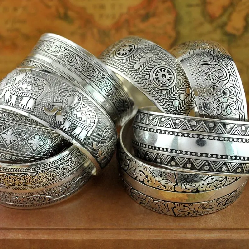 Thumbnail: Meetvii New Retro Cuff Bracelets Tibetan Silver Metal Carving Sea Turtle Lotus