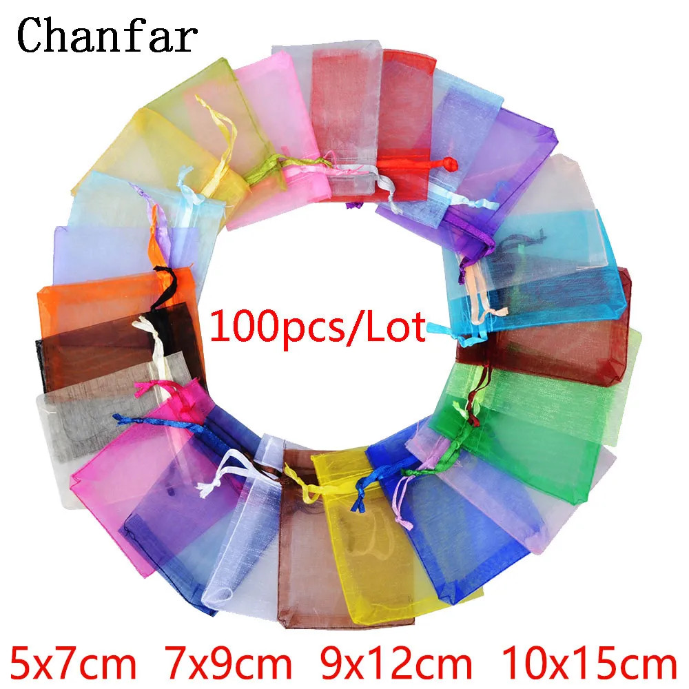 100pcs 24 Colors Jewelry Packaging Bag 5*7 7*9 9*12 10*15cm Organza Bags Gift