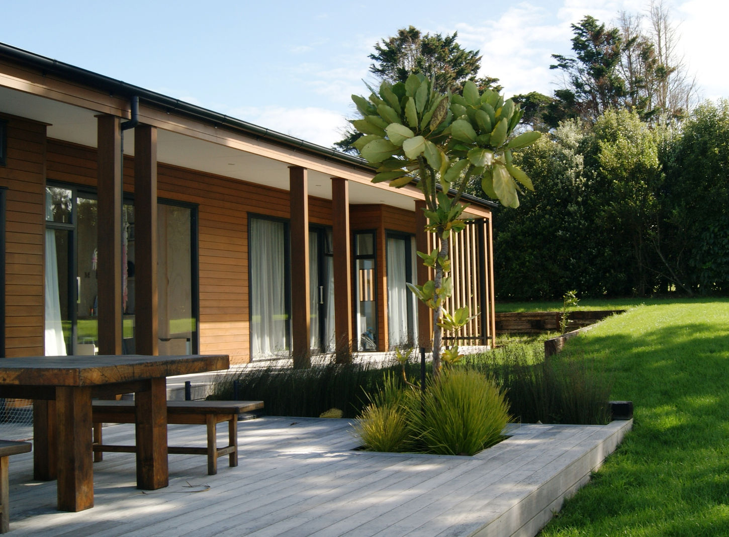 Modern cedar weatherboard and plaster finish home entrance in Te Hutewai Raglan featuring a timber boardwalk, circular water feature planters, native nikau palms, and tractor seat plants by For the Love of Landscape.
