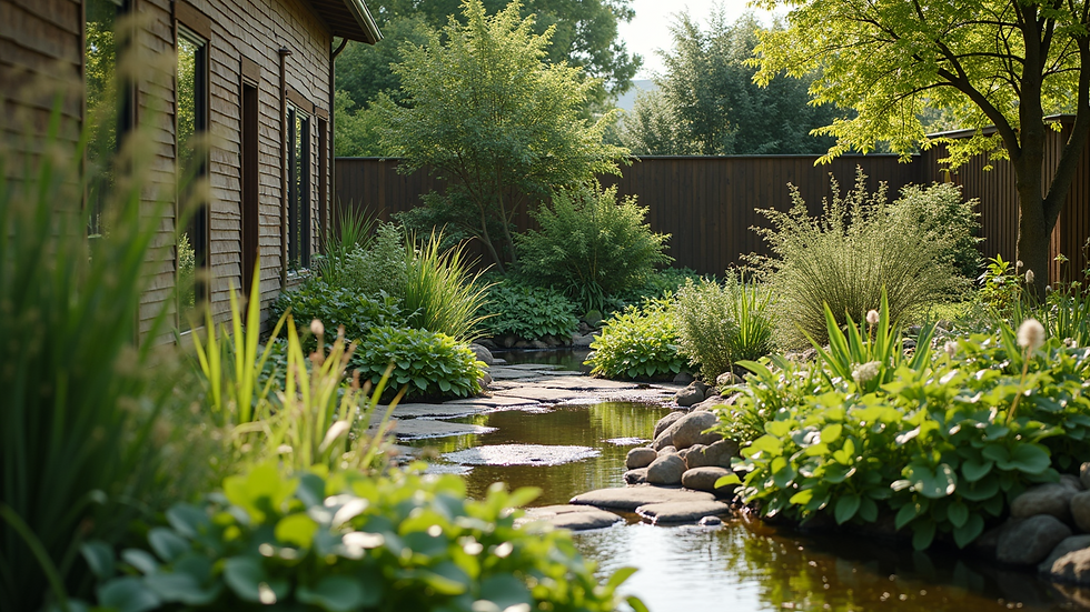 Wide angle view of a sustainable garden featuring native plants and a rain garden