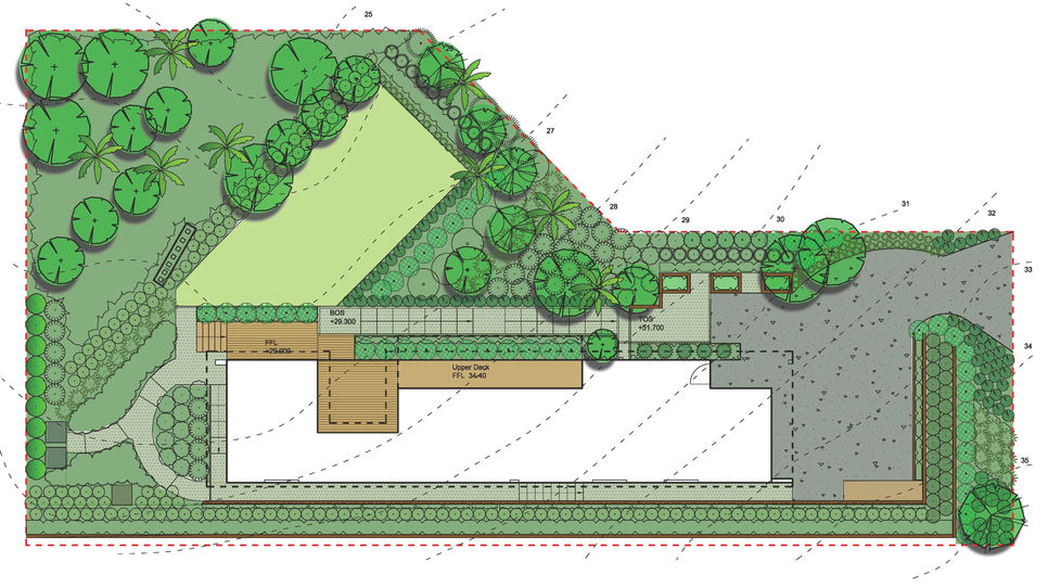 Landscape architecture concept master plan drawing for a steep hillside property on Greenslade Road, Raglan, illustrating site contour elevations, upper deck layout, terraced lawns, and native plant zoning by For the Love of Landscape.