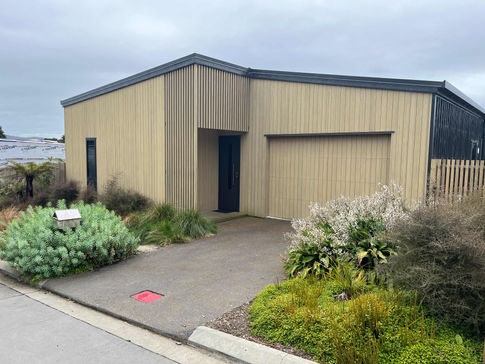 Modern timber board-and-batten home driveway entrance in Rangitahi Raglan featuring low-maintenance native landscaping with euphorbia mounds and flowering renga renga lilies by For the Love of Landscape.