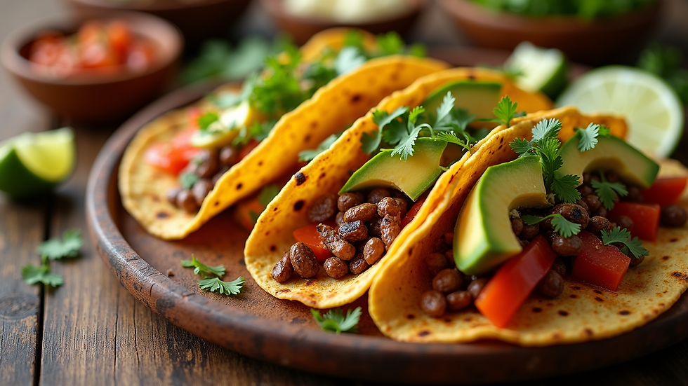 High angle view of a vibrant Mexican taco platter with various toppings