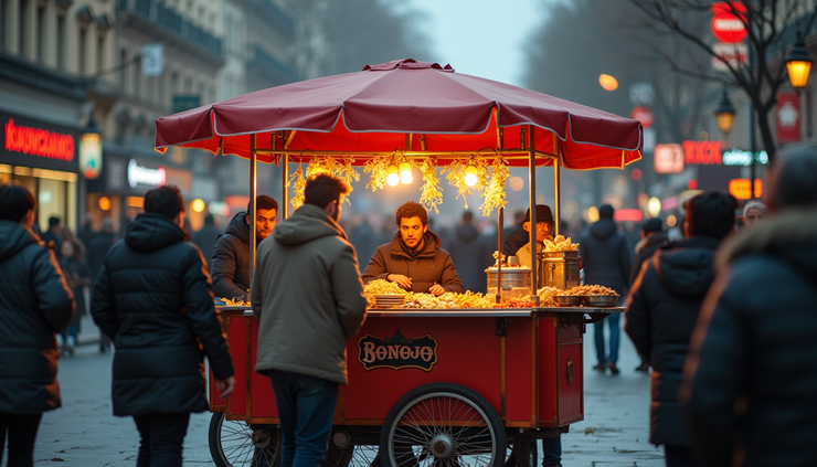 Eye-level view of a colorful food cart parked on a busy city street with people gathered around
