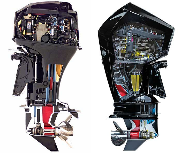 Close-up view of a boat engine showing various components