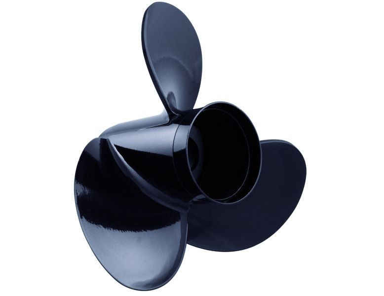 Eye-level view of stainless steel propeller mounted on a boat engine