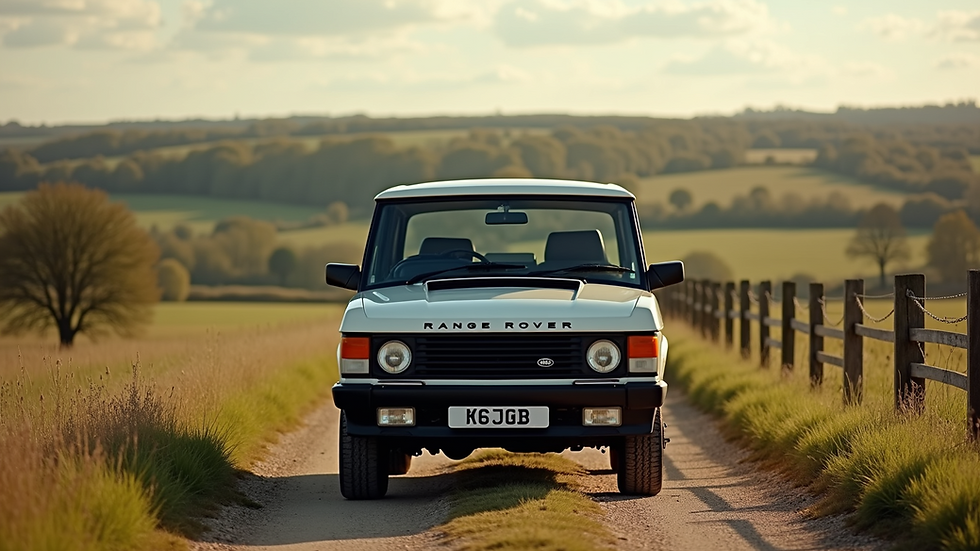 Eye-level view of a classic Range Rover parked in a scenic Cotswolds landscape
