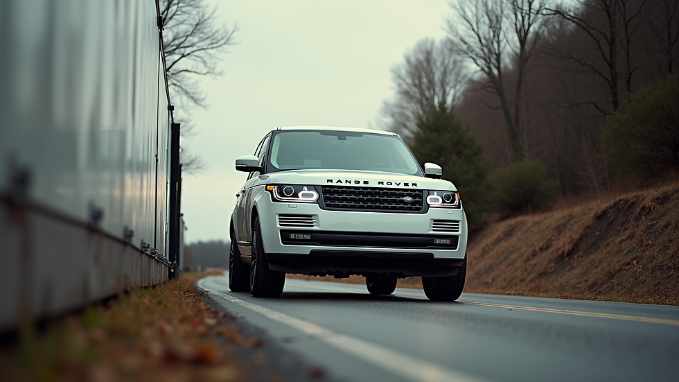 Eye-level view of a Range Rover being loaded onto an enclosed trailer