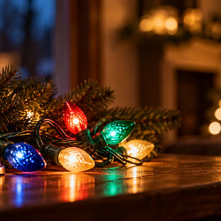 Candle and electric Christmas lights illustrating the history of Christmas lighting