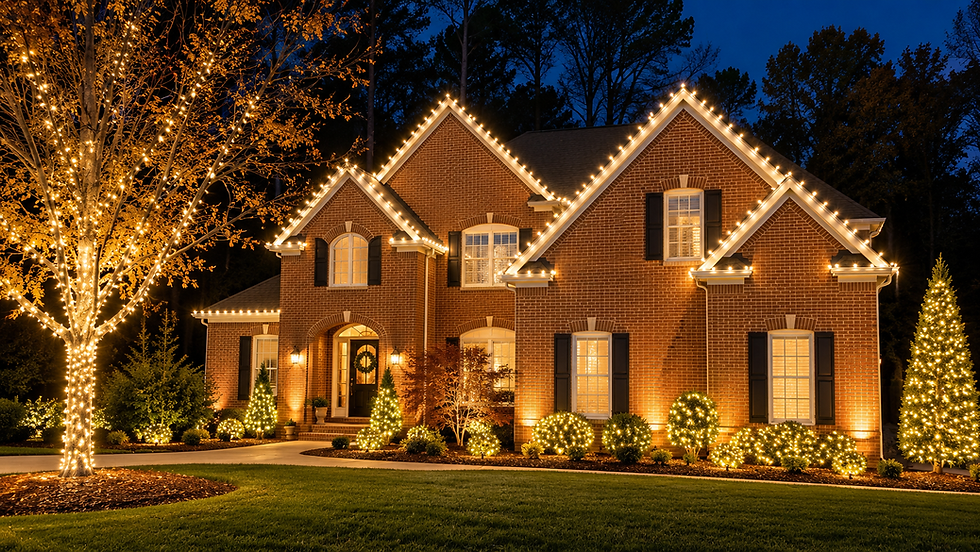 Two-story brick home decorated with warm white Christmas lights