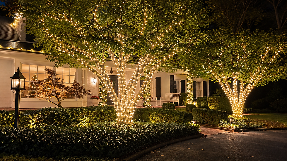 Tree branches decorated with warm white Christmas lights