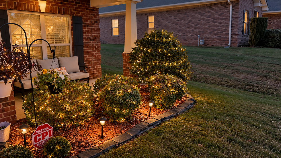 Front entrance and landscaping decorated with warm white Christmas lights